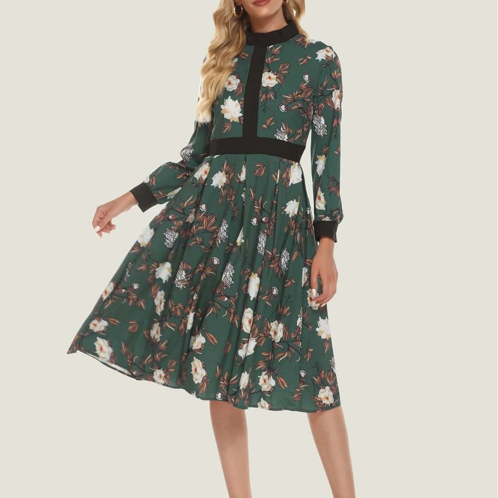Simple Flavor Floral Print Mock Neck Pleated Hem D